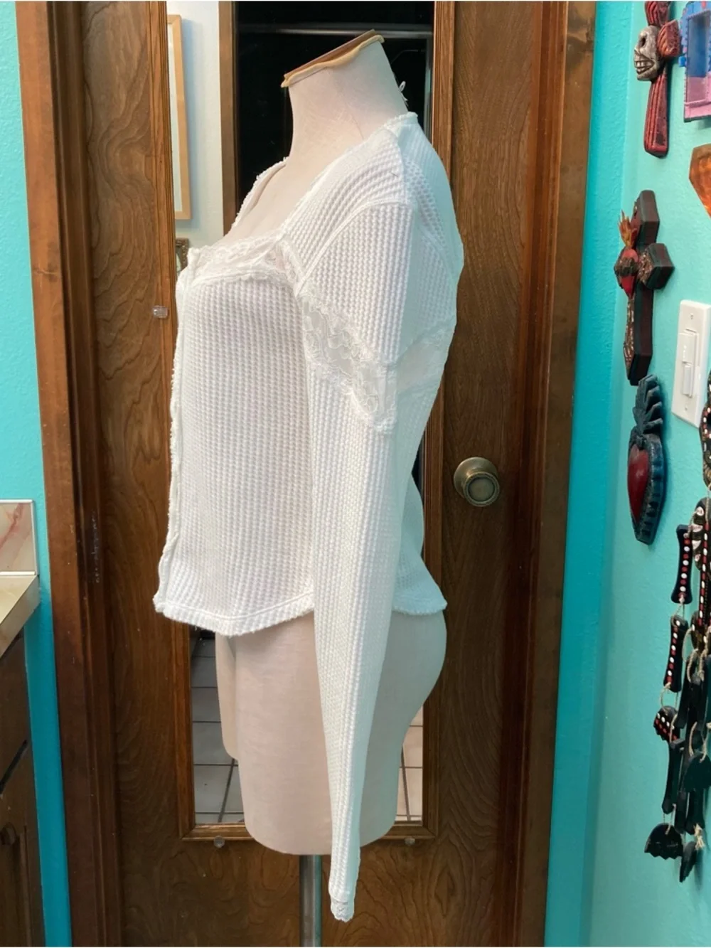 Free People White Lace-Trim Waffle Knit Button Cardigan